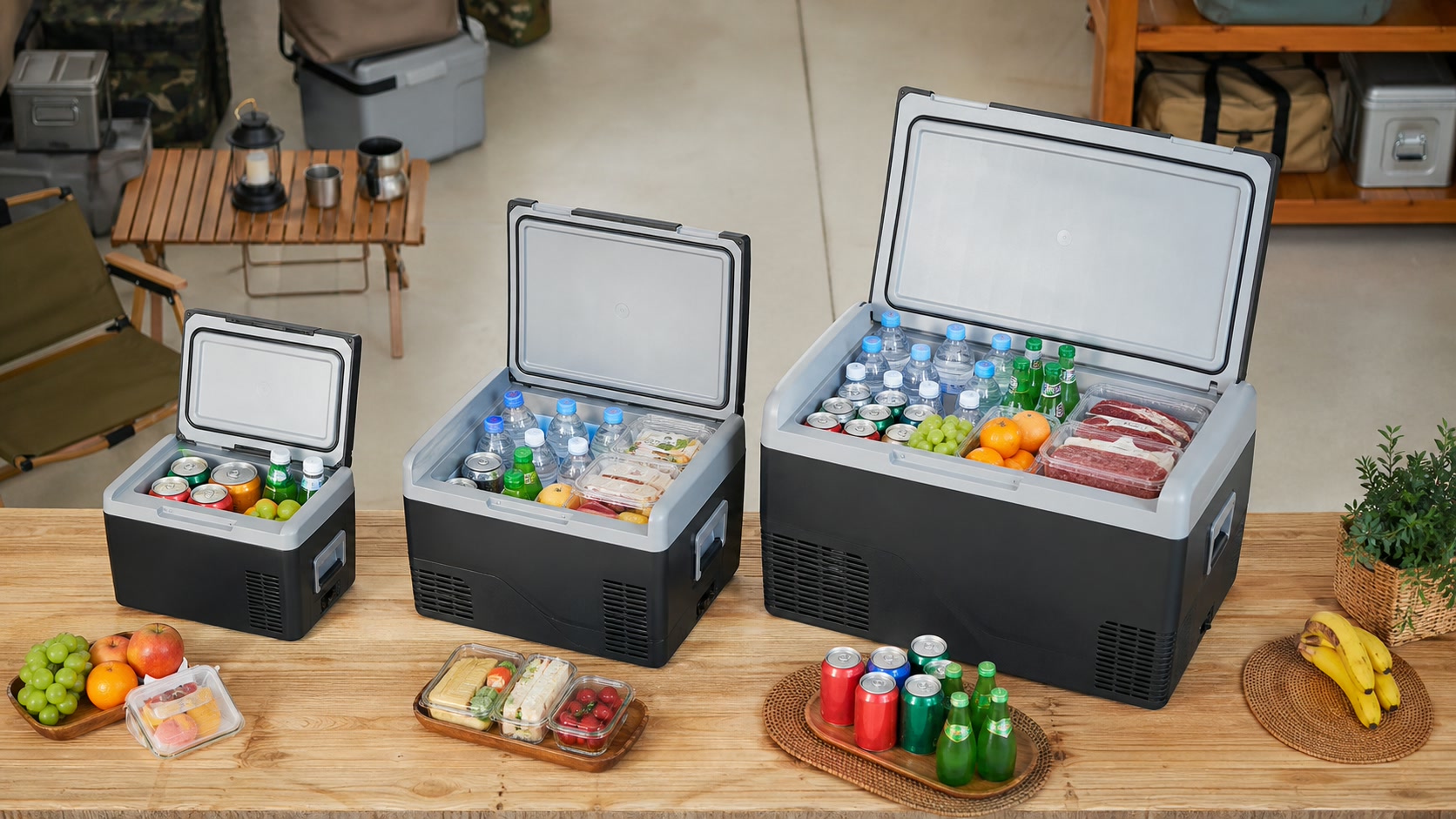15L, 25L, 45L 차량용 냉장고 용량을 음료와 식재료로 비교한 이미지